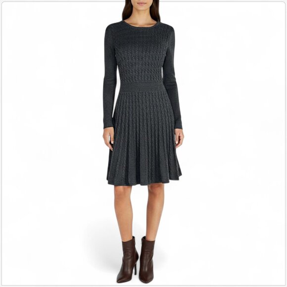 Calvin Klein Charcoal Gray Cableknit Fit and Flare Sweater Knit Dress NWT New L - Picture 1 of 5